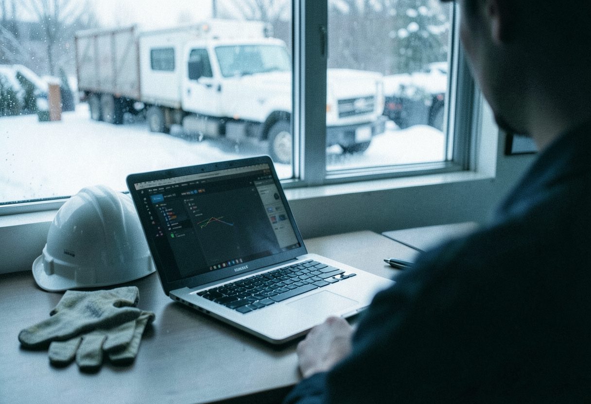 Bureau d’une entreprise de toiture : ordinateur portable, casque et gants sur la table, camion dehors