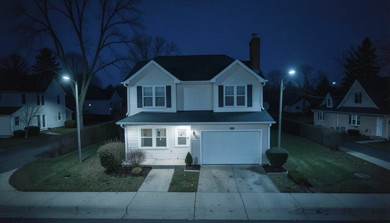 Une maison le soir, lumières allumées
