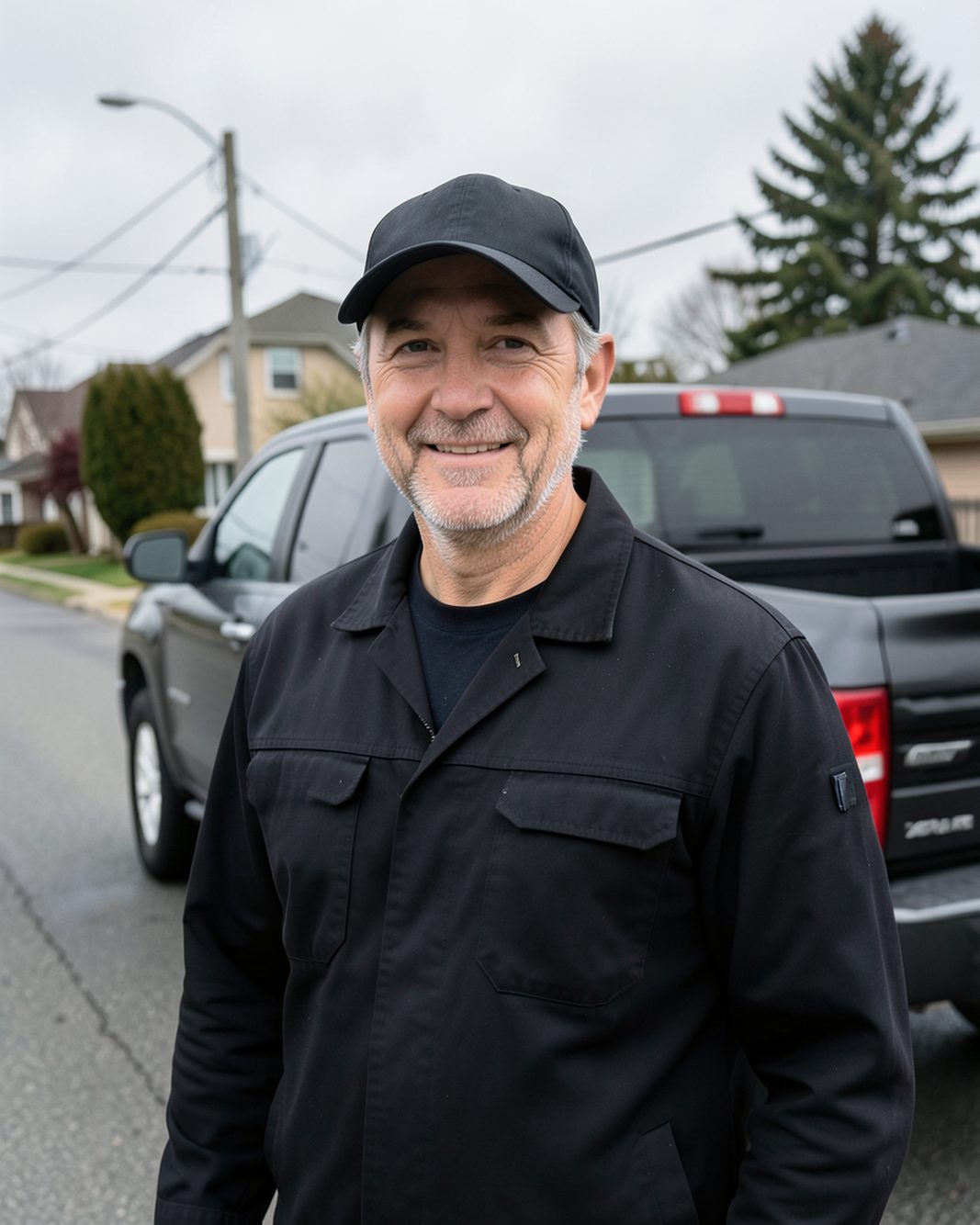 Un entrepreneur couvreur devant son camion, dans une rue résidentielle
