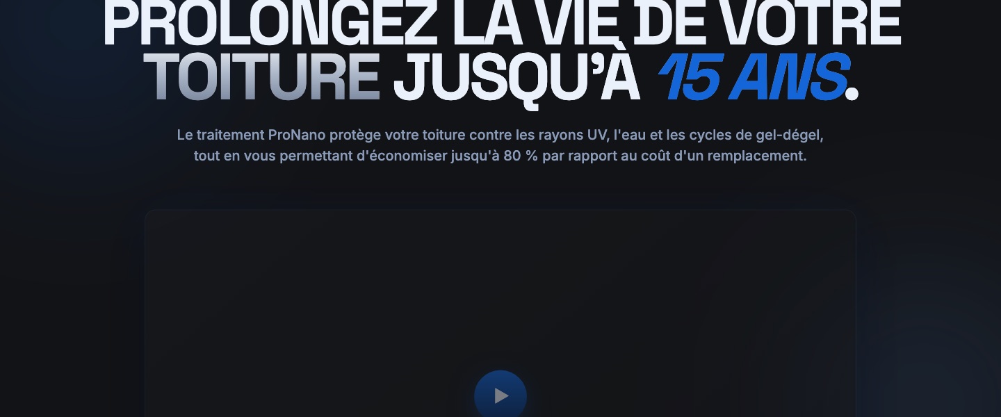 Page d’accueil de toiturespronano.com : « Prolongez la vie de votre toiture jusqu’à 15 ans », avec un bouton Soumission gratuite