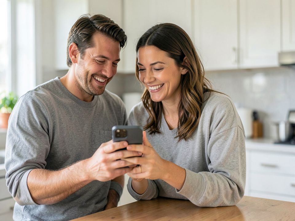 Un couple regarde le prix de sa toiture sur un téléphone, dans sa cuisine