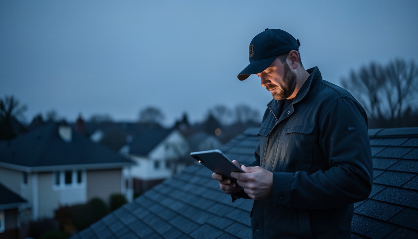 Un couvreur lit une fiche sur sa tablette, sur un toit, à la tombée du jour